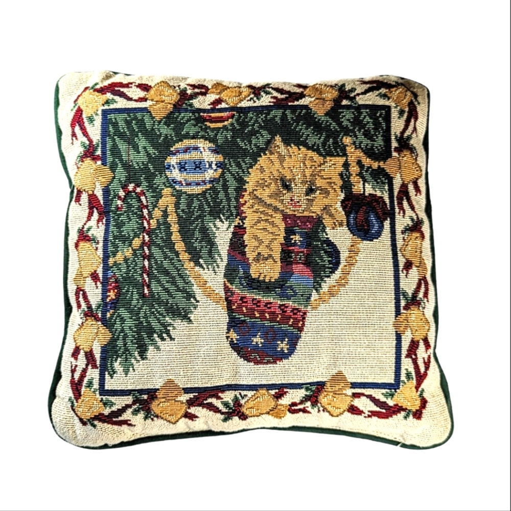 Vintage Christmas Stocking Cat Kitten Tapestry Throw Accent Pillow 12x12